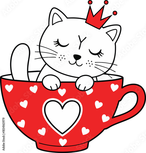 A cute kitten with a crown sits in a red teacup with hearts, creating a whimsical and charming scene