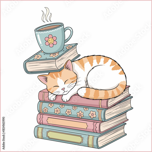 A cute orange and white cat sleeps peacefully on a stack of colorful books, with a steaming mug of coffee on top
