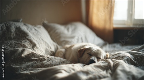 Sleeping Dog On Cozy Bed In Sunlit Room. Peaceful Rest And Comfort