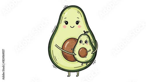 Avocado Family Embrace: a heartwarming illustration depicts a mother avocado lovingly embracing her baby, a symbol of nurturing and love.
