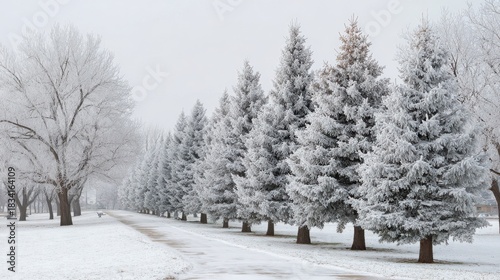 Snow-Covered Trees Lining A Winter Pathway In A Serene Park. Tranquil Winter Landscape Showcasing Nature'S Beauty