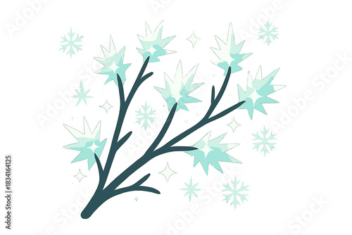 Frosty Crystal Branches. Ice crystals on branches. Frosty crystals cling to tree twigs, catching soft light