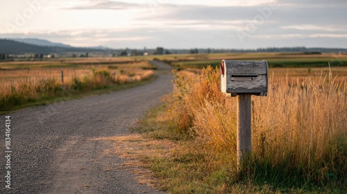 Rural Mailbox On Country Road At Sunset. Symbol Of Communication And Rural Lifestyle
