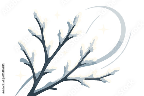 Icy Forest Branch. Frozen forest twig. Close-up of icy branches, subtle spark shapes rising along frost tips;