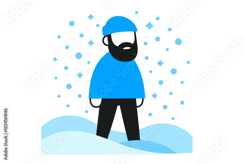 Bearded Snowstorm Scene. Bearded Man in Snowstorm. Flat minimalist vector illustration of a Bearded Man in