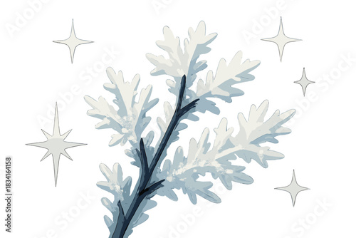 Crystalline Frost Shards. Crystal frost close-up. Tiny ice shards cling to twigs, catching subtle glow;