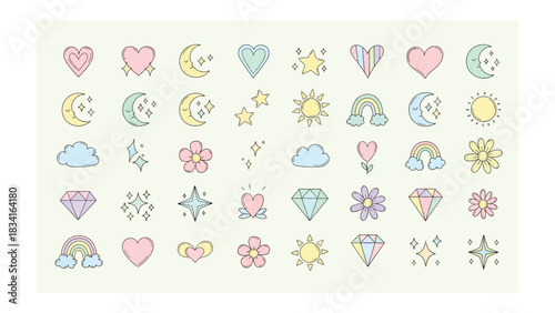 Whimsical Pastel Emblems: A charming collection of hand-drawn pastel emblems featuring hearts, moons, stars, suns, diamonds, and flowers creates a delightful and cheerful feel. 