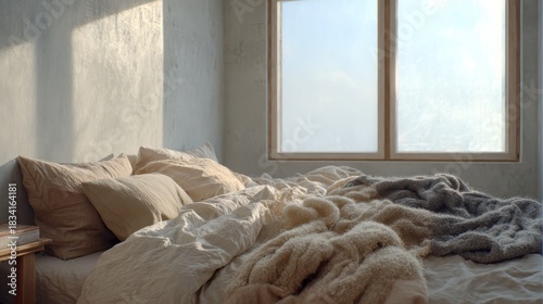 Cozy Bedroom With Sunlight Streaming Through Window. Inviting And Serene Atmosphere For Relaxation