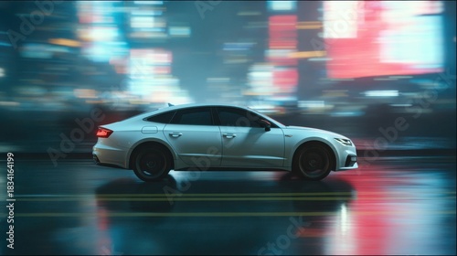 White Sports Car Speeding Through Neon-Lit Cityscape At Night. Urban Mobility And Modern Lifestyle