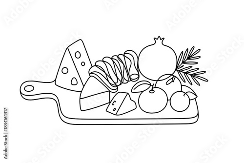 Minimalist Charcuterie Elegance. Holiday charcuterie platter. Minimalistic one-line drawing cheeses, cured