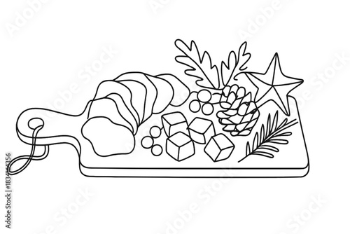 Festive Charcuterie Illustration. Winter festive platter. Minimalistic one-line drawing charcuterie board with