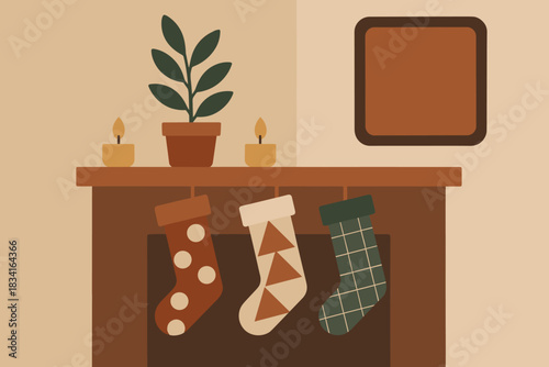 Cozy Minimalist Mantel. Cozy corner decor minimalist flat illustration of geometric stockings and small candle