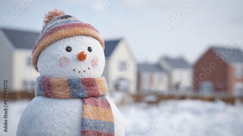 Snowman With Colorful Scarf And Hat In Snowy Village Scene. Winter Holiday Atmosphere