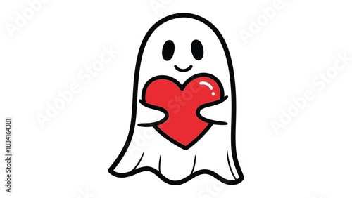 Affectionate Spirit: A charming cartoon ghost tenderly embraces a bright red heart, embodying love and tenderness with its gentle smile.