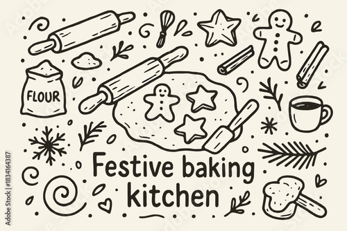 Festive Baking Wonderland. Festive baking kitchen. Hand-drawn doodle illustration of Festive baking kitchen.