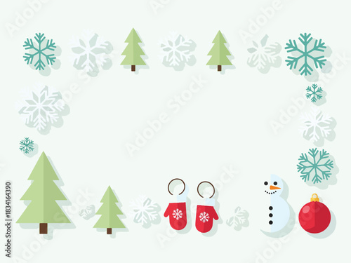 Winter border design with trees snowflakes mittens a snowman and an ornament