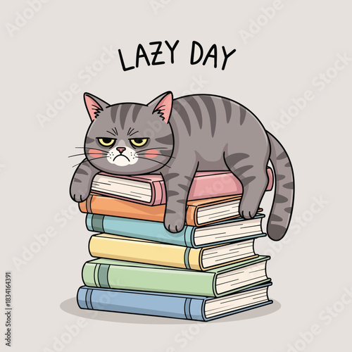A grumpy cartoon cat lounges lazily on a stack of colorful books, embodying a day of relaxation and procrastination