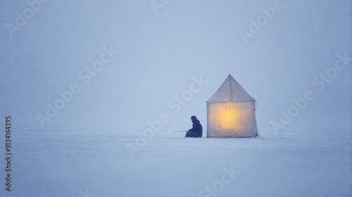 Ice Fishing Scene With Illuminated Tent On Snowy Landscape. Solitude And Winter Adventure