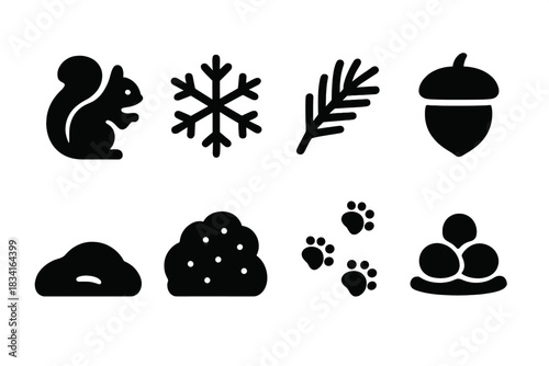 Frosty Critter Icons. Frosty woodland critter. Filled icon set of Frosty woodland critter: squirrel, snowflake