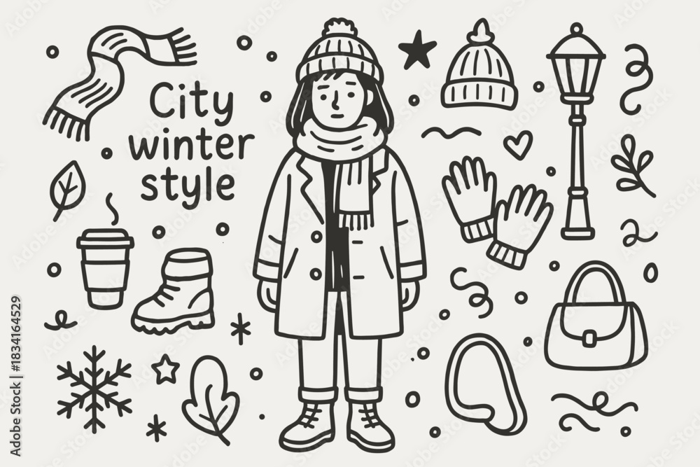 Obraz premium City Winter Doodle. City winter style. Hand-drawn doodle illustration of City winter style. Central doodle