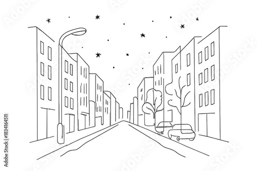 Minimalist City Snowfall. Blustery city avenue. Minimalistic one-line drawing street perspective with faint