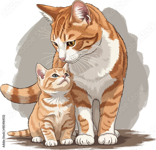 A heartwarming vector illustration of an orange tabby cat gently looking down at its cute kitten