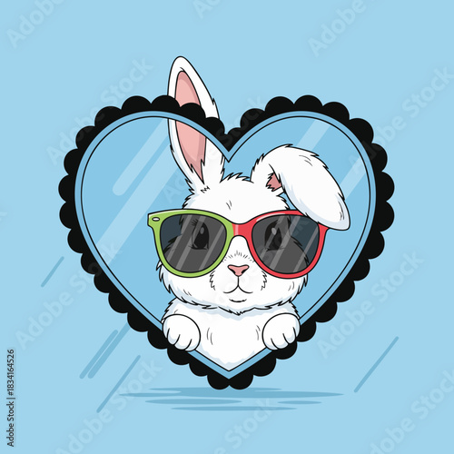 A hip and cool white cartoon bunny wearing bright neon sunglasses peers out from inside a stylized blue heart shape