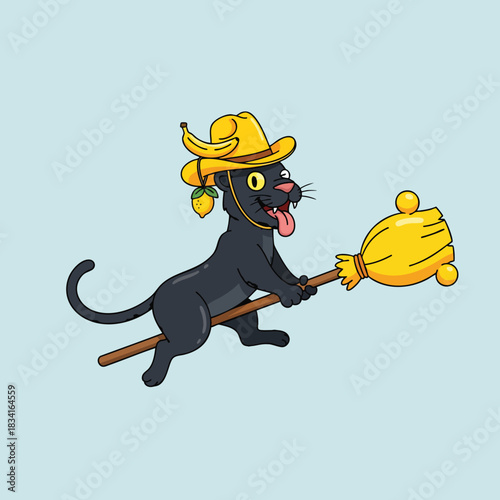 A joyful cartoon black panther in a yellow cowboy hat with fruit, happily flies on a magical broomstick