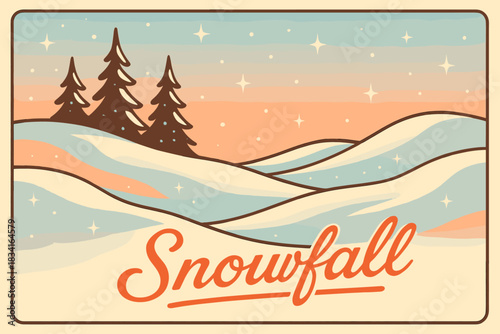 Retro Snowy Serenity. Minimalist snowy landscape. 70s poster vibe, icy pastel gradient, thick outlines, offset