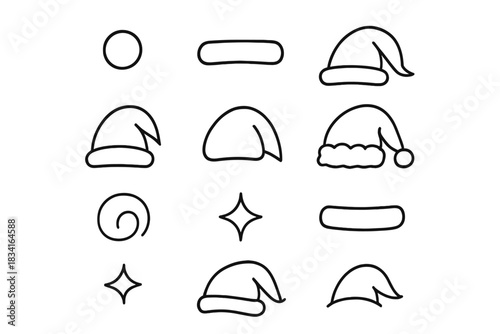 Santa Hat Icon Set. Santa hat details. Line outline icon set of Santa hat details: pompom, fur trim, hat tip,