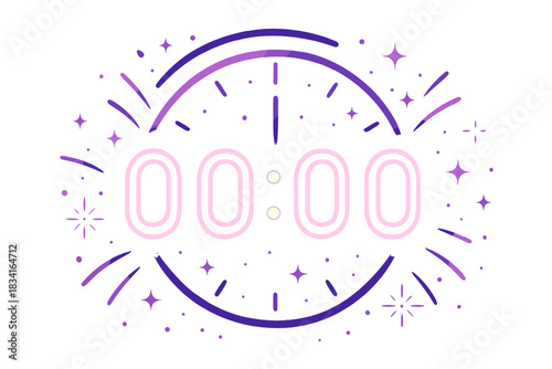 Midnight Countdown. Festive midnight timer. Large glowing numbers on a clock, arcs of light and tiny spark