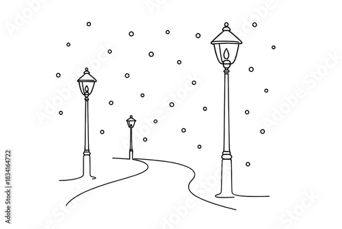 Minimalist Snowy Night. Evening snow lights. Minimalistic one-line drawing sidewalk and street lamps with