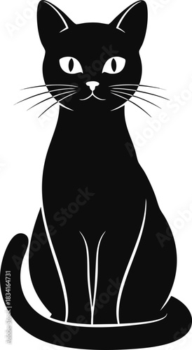 A sleek black cat sits regally against a white background, depicted in a minimalist silhouette style