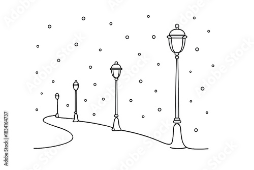 Minimalist Snowy Boulevard. Snowy boulevard at night. Minimalistic one-line drawing series of street lamps