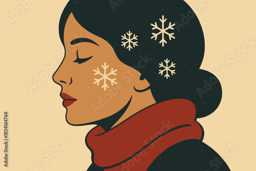 Winter Glam Portrait. Winter glam portrait minimalist flat illustration of a close-up profile with small