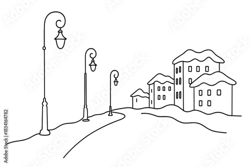 Minimalist Winter Nightscape. Urban winter night. Minimalistic one-line drawing street lamps and snow-covered