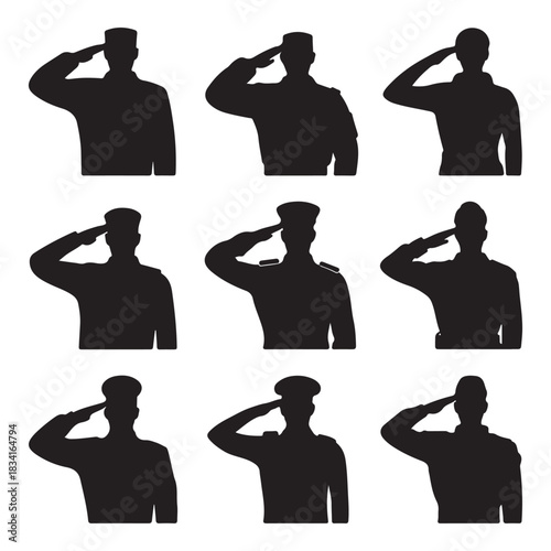  Set of a salute soldier Vector silhouette design