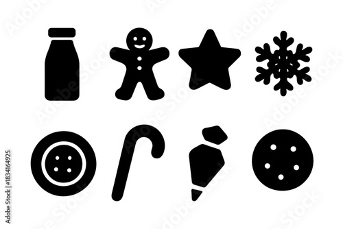Festive Cookies Icon Set. Festive milk and cookies. Filled icon set of Festive milk and cookies: milk bottle,