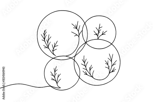 Frozen Bubble Art. Frozen bubble cluster. Minimalistic one-line drawing several ice spheres with internal