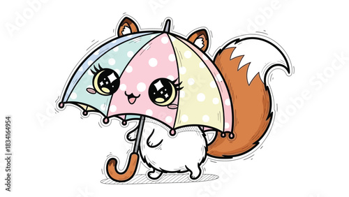 Whimsical Squirrel with Umbrella: A charming illustration depicts a squirrel, its fluffy tail and large eyes adding to its appeal. The adorable squirrel shields itself with a colorful umbrella. 