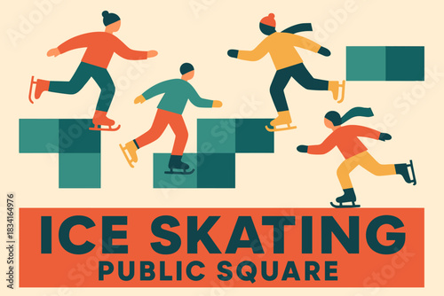 Modern Ice Skating. Ice skating in public square. Modern minimalist poster banner, bold sans-serif typography,