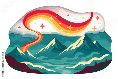 Aurora over Snowy Mountains. Northern lights fantasy landscape. Vibrant aurora swirls above snow-covered