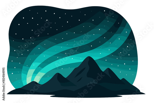 Aurora Over Mountainscape. Aurora horizon. Mountain silhouettes under vivid aurora bands, snow drifting softly