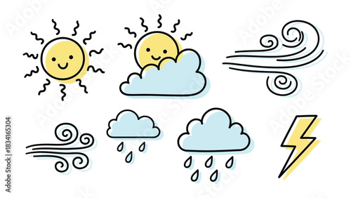 Weather Doodle Set: This charming doodle showcases a collection of weather icons. capturing various weather conditions with playful and simple illustrations.