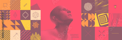 Digital human head. Geometrical pattern. Mosaic. Cover design template. Vector for presentation, placard, banner, poster, brochure or notebook.