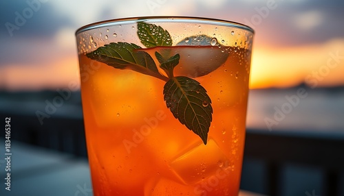 Fresh iced cocktail drink with mint, lemon, and water