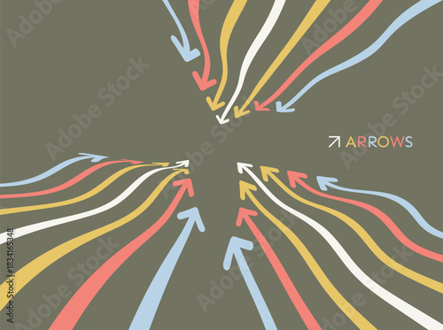 Wavy arrows moving forward towards the target. Leadership. The concept of a clash of several teams. Art composition. Dynamics. Vector for a brochure, poster, cover, presentation, flyer, or banner.