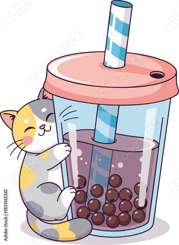 Adorable cartoon cat mascot happily hugs a giant cup filled with purple bubble tea and dark tapioca pearls
