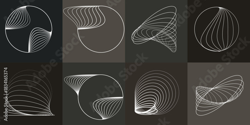 Abstract visual harmony of circles and curved lines , perfect for digital branding. Linear circular art with balanced curves ideal for posters, packaging and web design. Vector rotational shapes set.