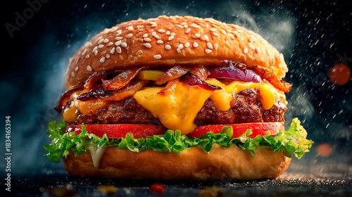 A juicy and delicious hamburger in a dramatic, melting close-up.
